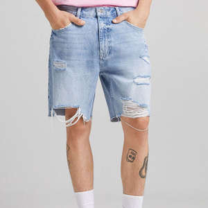 กางเกงยีนส์ขาสั้นผู้ชายสไตล์ลำลอง สีน้ำเงิน ดำ ขาว ขาดรุ่ย แต่งขอบ  สำหรับฤดูร้อน - Product Image 5