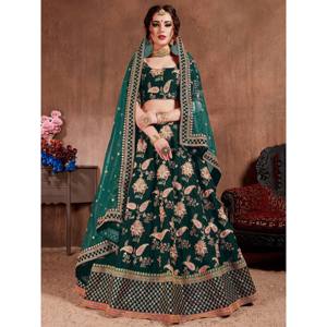 Lehenga Choli en taffetas de soie brodé pour mariée, couleur vert bouteille - Product Image 6