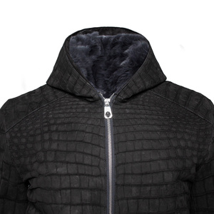 Blouson matelassé tendance noir en cuir véritable gaufré pour homme, veste d'hiver coupe-vent écologique avec doublure en fourrure - Product Image 3