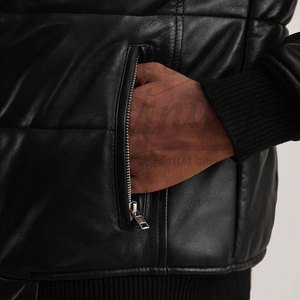Veste matelassée en cuir noir de qualité supérieure pour homme, col montant, manteau d'hiver matelassé en similicuir, veste bomber rembourrée avec poignets côtelés - Product Image 6