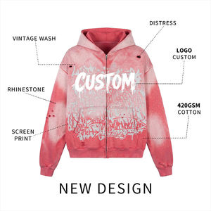 Sweat à capuche zippé en molleton 420 g/m² 100 % coton, coupe classique, écologique, respirant, avec strass, personnalisé, pour homme, effet délavé et vieilli - Product Image 1