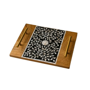 Bandeja de Madera Artesanal con Incrustaciones de Madreperla, Bandeja de Madera con Asas para Mesa de Comedor y Organizador de Cocina - Product Image 1