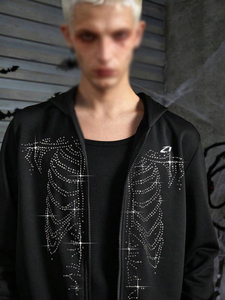 เสื้อฮู้ดซิปเต็มตัวผ้าฝ้ายฟลีซลายโครงกระดูกประดับคริสตัลสีดำ สไตล์สตรีทแวร์สำหรับคู่รัก คอลเลคชั่นแฟชั่นแบรนด์ดัง - Product Image 3