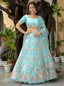 Elegant Casual Turquoise 100% Silk Chiffon Lehenga Set Hand Embroidery Floral <b>Pattern</b> <b>A</b>-<b>Line</b> Floor-Length Party <b>Dress</b> Short - Product Image 1