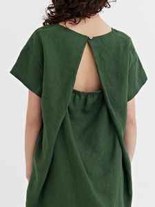 ชุดเดรสผ้าลินินผสมทรงเอ คอ halter แขนสั้น สไตล์ลำลองสำหรับฤดูร้อน เป็นมิตรกับสิ่งแวดล้อม ซักได้ ติดกระดุม ย้อมสีพื้น - Product Image 5