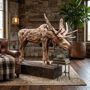 Handcrafted <b>wooden</b> moose bull head down sculpture <b>rustic</b> teak driftwood animal statue antlers floor decoration space unit layout - Product Image 5