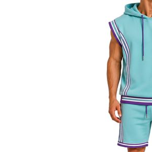 Custom Mens Aqua Purple <b>Sleeveless</b> Hooded Tracksuit Set Custom Logo Gym Fitness Training Sports <b>Hoodie</b> And Shorts Activewear - Product Image 3