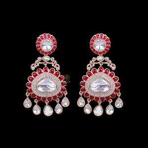 Vama Polki Designer 18K Gold Plated Flower Drop Earrings with Zircon and Pearl - Product Image 2