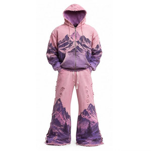 Conjunto Deportivo Unisex con Estampado de Montaña, Sudadera con Capucha y Cremallera, Pantalones Acampanados, Corte Holgado, Ropa de Otoño - Product Image 2