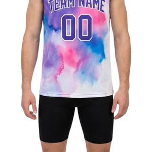 Ensemble d'uniformes de basket-ball imprimés en aquarelle pour hommes, maillot sans manches à col en V avec short uni, noms d'équipes et numéros de joueurs imprimés - Product Image 6