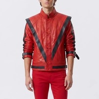 Veste en cuir rouge et noir style star pop, costume rétro iconique des années 80, veste unisexe pour cosplay d'Halloween