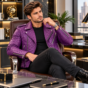 Premium Men’s Purple Ostrich Leather <b>Biker</b> <b>Jacket</b> Embossed Motorcycle Riding <b>Jacket</b> Asymmetrical Zipper Belted Moto <b>Jacket</b> - Product Image 2