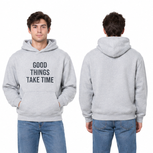 Sudadera con capucha gris claro para hombre, muy vendida, con estampado de "Good Things Take Time", de algodón, corte regular, estilo casual. - Product Image 3