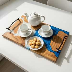 Elegant Handmade <b>Epoxy</b> Resin River Wood Serving Tray with Polished Metal Handles for Charcuterie, Cheese, <b>Coffee</b> & Tea Serving - Product Image 4