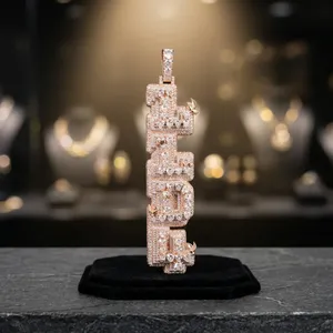 Pendentif personnalisé en or rose serti de diamants de laboratoire, style hip-hop, bijoux unisexe, breloque lettre en or massif pavé de diamants - Product Image 2