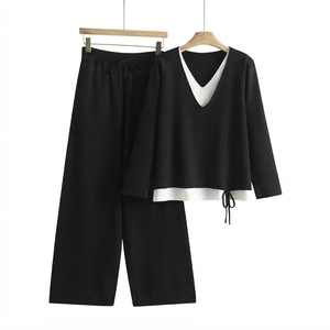 Conjunto de Suéter de Punto Transpirable con Cuello Mandarín para Mujer Muhseeq, Pantalones Anchos de Pierna Larga con Parches, Conjunto de Dos Piezas, Jacquard, Otoño - Product Image 6