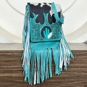 Custom Handcrafted Western Fringe Crossbody Bag Hand Toold Genuine Leather <b>Hair</b>-On-Hide Cowhide Purse with Cactus Cutout Design - Product Image 4