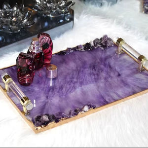 <b>Purple</b> Resin Tray with Gold Rim and Handles, Handcrafted <b>Decorative</b> Serving Platter for Home Modern Resin Unique Design Glossy - Product Image 1