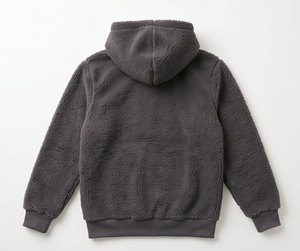Veste à capuche en polaire gris foncé pour homme, fermeture éclair, vêtement d'hiver décontracté, coupe régulière, doublure en sherpa, matière en polyester tricoté - Product Image 2
