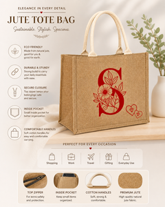 Oversized Jute <b>Tote</b> Bag with <b>Zip</b> Floral Monogram S Print Eco Friendly Shopping Carry Bag - Product Image 4