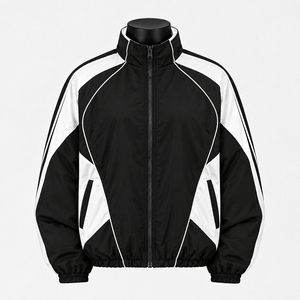 Men's Navy Color Blocking <b>Racer</b> <b>Jacket</b> Stand Collar Windproof Sporty Style Polyester Shell Single Button Closure Autumn Wear - Product Image 2