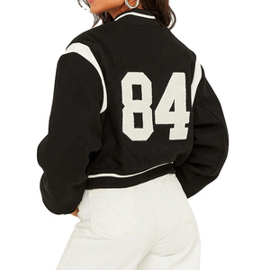 Blouson Bomber Varsity Oversize Rétro à Motifs en Chenille – Marron Terre, Blouson Varsity en Nylon Satiné à Bordures Rayées Style High Society - Product Image 2