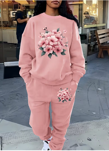 Ensemble de survêtement pour femme, imprimé floral rose, col rond, manches longues, survêtement décontracté avec poches, style printemps - Product Image 4