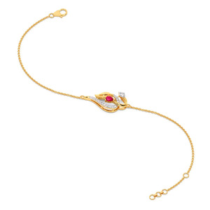 Floral Swirl Diamond <b>Bracelet</b> with Yellow Gold Chain and <b>Red</b> Stone Center Accent Design - Product Image 4
