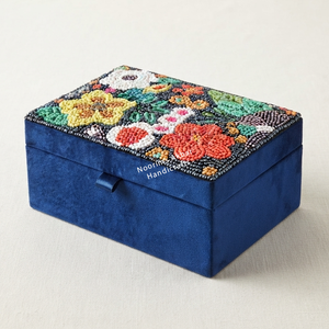 Caja de Joyería de Terciopelo Azul Marino con Cuentas, Estuche de Almacenamiento Artesanal con Cuentas de Vidrio Florales, Caja de Regalo de MDF, Fábrica de Marca Privada - Product Image 1