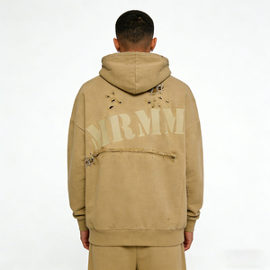Sweat-shirt à capuche oversize MRMM pour homme, en coton beige, tissu French Terry, logo imprimé sur le dos, style streetwear automne - Product Image 6