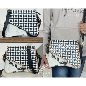 Elegent Designer Hand Tooled Cowhide Leather Crossbody <b>Bag</b> Checkered Flap Purse Western Shoulder <b>Bag</b> OEM Wholesale Custom - Product Image 1