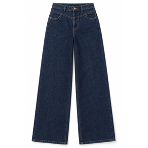 Jeans de Mezclilla de Cintura Alta con Corte Curvo y Pierna Ancha para Mujer - Indigo Oscuro Elástico Lavable Talla XL - Product Image 1