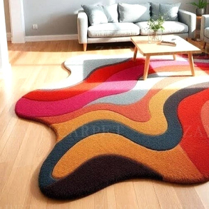 <b>Hand</b> <b>Tufted</b> Multicolor Wavy Abstract Wool <b>Rug</b>, Irregular Organic Shape Area Carpet for Living Room Bedroom Home Decor Wholesale - Product Image 2