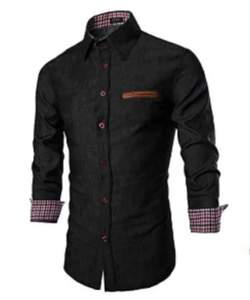 Men's Black Long Sleeve <b>Dress</b> Shirt With Plaid Cuffs And Pocket Detail Smart Casual Turn-down Collar Full Sleeve Cotton shirt - Product Image 4