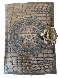 Pentagrama y patrón de cocodrilo en relieve hecho a mano diario de cuero genuino con latón antiguo C-Lock Deckle Edge Papers Note Book - Product Image 3