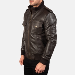 Top Selling Brown Men's <b>Winter</b> <b>Leather</b> <b>Jacket</b> with Stand Collar Multiple Pockets 100% Genuine <b>Leather</b> Hot Selling Fashion - Product Image 1