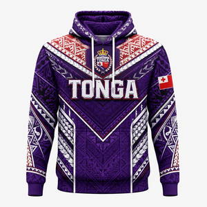 Sweat à capuche unisexe en polyester 100% avec imprimé géométrique violet Tonga, protection UPF 50, design avant avec drapeau national et logo - Product Image 1
