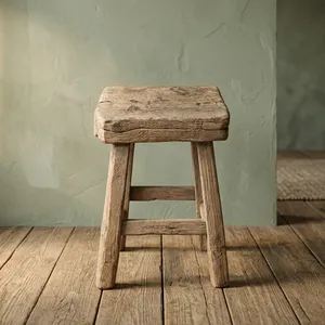 Vintage Modern Wood Stool Rustic Round <b>Seat</b> Four Splayed Legs Farmhouse Side Table <b>Portable</b> Bedroom Pale Grey Brown Furniture - Product Image 3