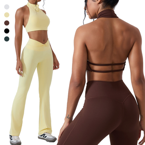 <b>Women</b> 2 Piece Yoga Set Halter Neck Crop Top Twist High Waist <b>Flared</b> <b>Leggings</b> Seamless - Product Image 1