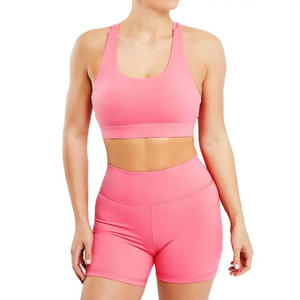 Conjunto de Yoga para Mujer, Color Sólido, Top Deportivo Racerback, Shorts de Cintura Alta, Sin Costuras, Soporte Medio, Rosa - Product Image 1