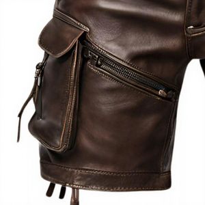 Men's Brown Leather Cargo Shorts With Zipper Pockets Mid Waist Workwear Style Bermuda Shorts - Product Image 3