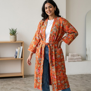 Bata Kimono de Algodón con Estampado Floral Naranja para Mujer, Cuello en V, Manga Larga, Cinturón con Cordón, Hecha a Mano, Ropa de Estar por Casa - Product Image 6