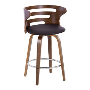 Sgabello da bar Cosini Mid-Century Modern da 26 pollici in legno di noce e similpelle marrone con base girevole in metallo cromato a altezza fissa - Product Image 2