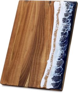 Tabla de cortar y servir de madera de mango con asa de fácil agarre – Tabla de cortar redonda de madera esmaltada con estampado de limón de 13x16 pulgadas. - Product Image 1