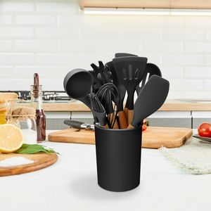 Ensemble de 11 ustensiles de cuisine en silicone avec manche en bois, spatule, louchette, cuillère à spaghetti, pince, fouet à œufs, résistant à la chaleur - Product Image 6