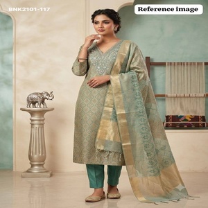 <b>Top</b> Quality Soft Silk with Yoke-Hand work & All-Over Even Print Long Straight & V-Neck Kurti-Plain Pant Set <b>Indian</b> Supplier - Product Image 1