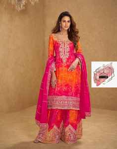 ชุดคุर्ตาผ้าไหมชิโนนปักลายสำหรับผู้หญิง พร้อมชาราร่าและผ้าคลุมไหล่ ปักลายหนักด้วยริบบิ้นและงานปักแบบกอต้า พร้อมผ้าคลุมไหล่ปักลาย - Product Image 3