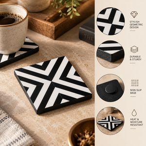 <b>Epoxy</b> Resin Square Coaster Set Black White Geometric Drink Coasters for Coffee Tea Table Decor | Modern Luxury Home Office Gift - Product Image 2