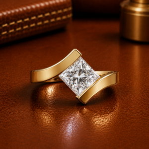 Anillo de compromiso de lujo con bisel de tensión, corte princesa, diamante cultivado en laboratorio, oro puro de 14K, joyería de aniversario y boda para hombre - Product Image 1