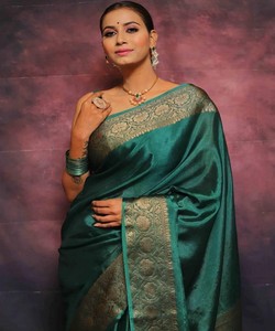 SAREE DE SEDA BANARASI LICHI CON TRABAJO DE JACQUARD EN TENDENCIA, CON BLUSA SIN COSTURAR, PARA USO FESTIVO 84839 VERDE ÉTNICO, LARGO HASTA EL SUELO, CADESAÑO REGULAR - Product Image 4